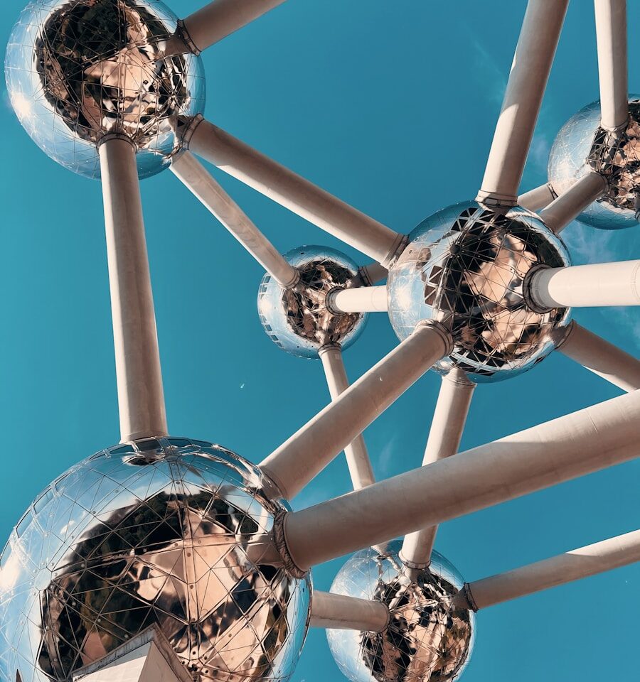 a metal structure with mirrored balls on it